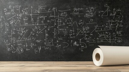 A green chalkboard displays various mathematical formulas and geometric figures, with a roll of paper lying on the floor beside it, set against wooden flooring