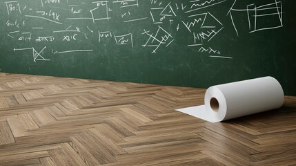 A green chalkboard displays various mathematical formulas and geometric figures, with a roll of paper lying on the floor beside it, set against wooden flooring