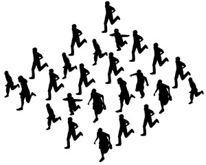 Silhouette of running people isolated on white background. Men, women and children running. Vector illustration.