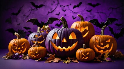 Colorful Harvest: Pumpkins and Autumn Leaves on a Purple Canvas