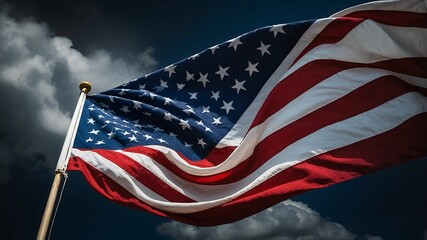 American Pride - A dramatic and powerful image of the American flag waving against a dark, stormy sky.