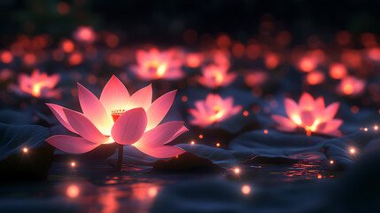 Glowing lotus in a lake at night