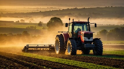 Obraz premium Fields at Dawn - A tractor working in the fields at sunrise, with a misty atmosphere in the background.