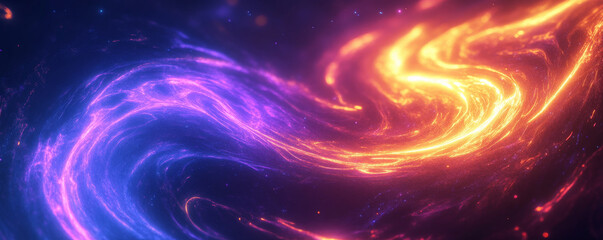 Obraz premium A neon lighting background with a swirl of neon yellow and purple light, creating a dynamic, fluid pattern that pops against a dark background.