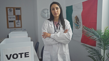 A young hispanic woman doctor stands confidently with arms crossed in a mexican voting room with...