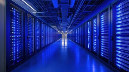 Fototapeta premium A corridor in a data center filled with server racks illuminated by blue lights.