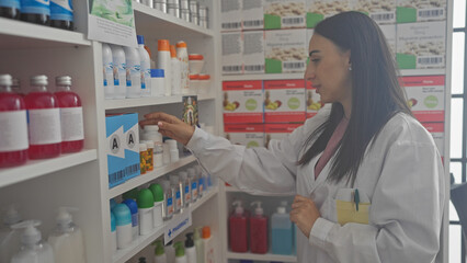 Hispanic woman pharmacist arranging products on drugstore shelf indoors