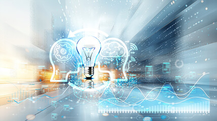 Synergy of Ideas: Three human brains interconnected by a glowing lightbulb, symbolizing collaborative innovation and brainstorming within a futuristic digital landscape. This captivating image evokes 