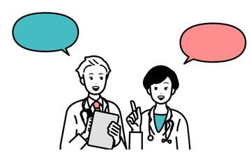 Male and female doctors, illustration speech balloon conversing.