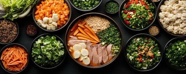 Fototapeta premium Top view of fresh, colorful vegetables and meat prepared for making a hearty soup, showcasing a variety of ingredients in bowls.
