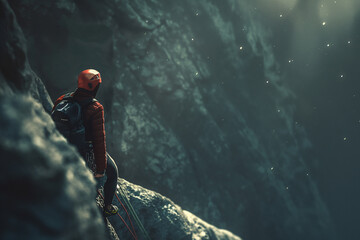 Rock climber conquering a challenging route.A man wearing a helmet is standing majestically atop a mountain peak