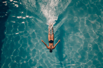 Swimmer diving into a pool for a race.A woman wearing a bikini is joyfully jumping into a swimming pool
