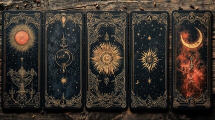 Tarot cards batch reverse side, magic frame with esoteric patterns and mystic symbols, sun and moon sorcery