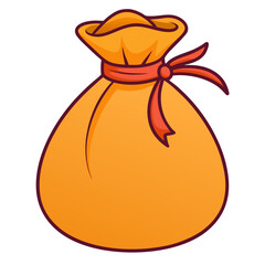 A cartoon of a yellow bag with a red ribbon tied around it