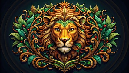 Vibrant illustration of a majestic lion's face incorporated into a stylized crest, surrounded by ornate filigree and leaves, conveying power and regal sophistication.