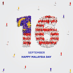 Happy Malaysia Day. A large group of people form to create the number 16 as Malaysia celebrates its Malaysia Day on the 16th of September. Vector illustration.