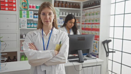 Two women pharmacists work in a well-stocked drugstore, one using a computer and the other standing confidently with arms crossed.