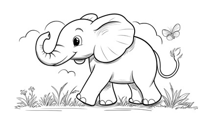 Obraz premium A charming outline of a cartoon elephant strolling through the grass with a butterfly, inviting creativity.