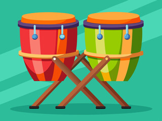 Vector illustration of Pair of colorful conga drums standing on wooden stand. 
