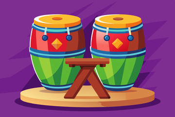 Vector illustration of Pair of colorful conga drums standing on wooden stand. 
