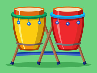 Vector illustration of Pair of colorful conga drums standing on wooden stand. 
