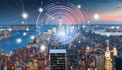 A nighttime aerial view of a city skyline with a large circular, futuristic, AI-like interface overlayed.