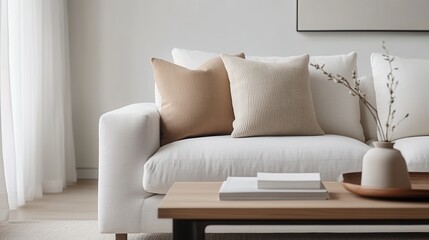 A serene living room featuring a cozy white sofa adorned with neutral-colored pillows, a wooden coffee table, and simple decor, creating a minimalist and calming atmosphere.