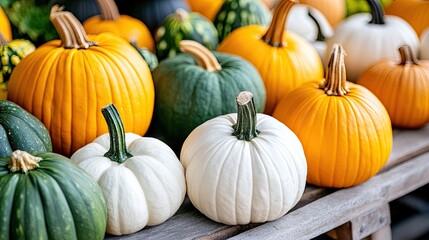 A wooden bench stands amidst an autumn garden, adorned with various pumpkins and gourds, showcasing vibrant colors and seasonal beauty in nature