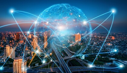 A glowing, blue, orb shaped network connects over a city.