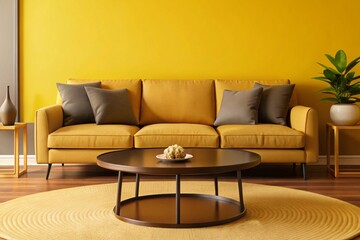 Round accent coffee table near beige sofa against wall with frame. Minimalist interior design of modern living room
