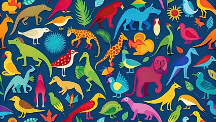 Vibrant illustration of varied animal silhouettes, from birds to reptiles, arranged in a colorful, repeating geometric pattern on a bright blue background.