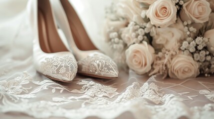 Beautiful bridal lace shoes paired with a rose bouquet, resting on intricate lace fabric. The image captures the essence of romance and elegance, perfect for wedding themes, bridal fashion, and