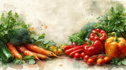 Watercolor background with an assortment of vibrant vegetables like carrots, bell peppers, and tomatoes.