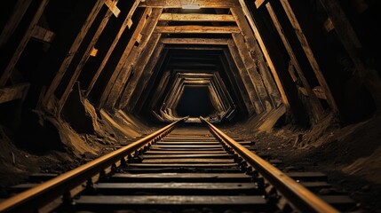Obraz premium A dimly lit mine tunnel with wooden supports and railway tracks leading into darkness.