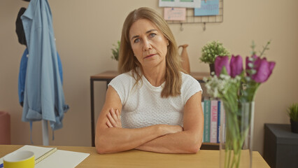 A contemplative middle-aged woman seated indoors with crossed arms, surrounded by home decor and flowers.