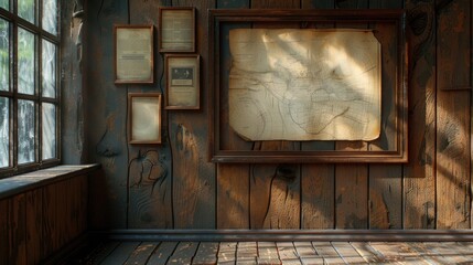 Vintage frames with old photographs on a wooden wall, nostalgic home decor