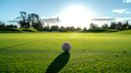 A red golf ball near the hole on a green course, bathed in golden sunlight with trees and a flagstick in view. Early morning vibe with blue sky.