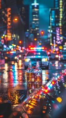 Obraz premium A lively night cityscape with bright lights, reflecting bottles of alcohol on a table. Illuminated buildings and cars add to the bustling ambiance.
