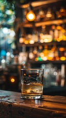 A stylish whisky glass on a bar counter with ice cubes, surrounded by alcohol bottles in a cozy setting. Luxurious ambiance with colorful lights conveys leisure and entertainment vibes.