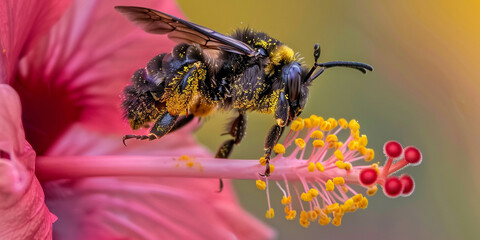 Blooming yellow bee flower with bee sitting on  leaf with blur background 