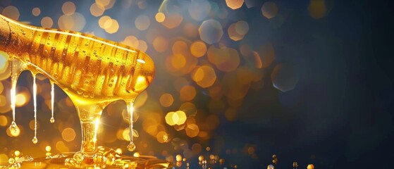 A serene image of a honey dipper with golden honey dripping against a blue-gold gradient background. Elegant and warm, emphasizing beauty and texture.
