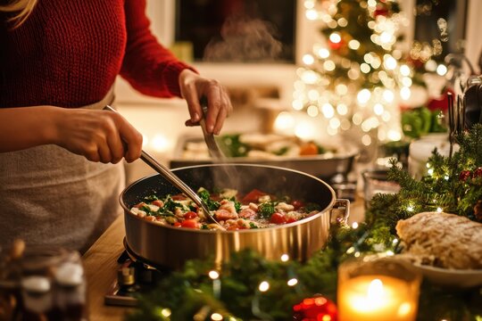 Woman cooking a festive meal in a cozy Italian kitchen on Christmas Eve with holiday decorations and warm lighting