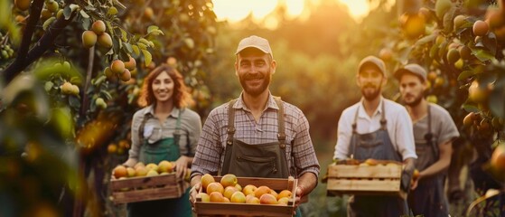 Image of four people in an apple orchard, smiling and holding wooden crates of apples. Man in focus with two others, one in high visibility vest. Surrounding by green apple trees.