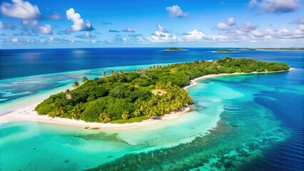 Fototapeta premium Aerial view of a stunning tropical island with turquoise waters, sandy beaches, and lush greenery