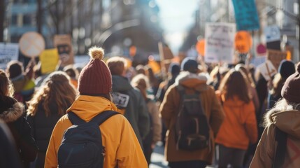 A vibrant city protest with diverse participants captured in an energetic scene under sunlight, featuring a person in a yellow jacket amidst the bustling crowd.