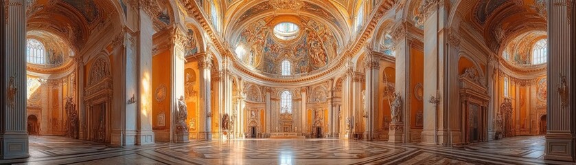 Obraz premium A Renaissance church with a massive dome, frescoed ceilings, and marble columns, capturing the grandeur and artistry of Renaissance religious architecture