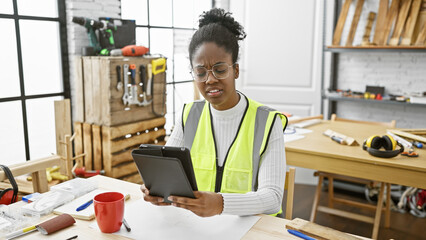 Fototapeta premium African american woman working in a carpentry workshop reviewing blueprints on a digital tablet.