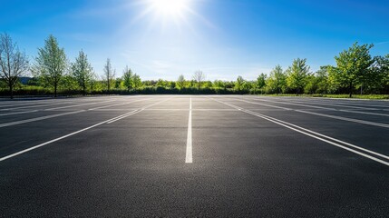 Fototapeta premium An expansive empty parking lot with smooth asphalt and clear white lines, under a bright midday sun, providing a clean and open look