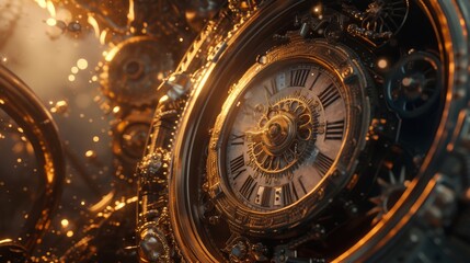 Close-up of an ornate gold clock showcasing its detailed mechanical gears and cogs. The clock face with Roman numerals stands out against the intricate design, illuminated by warm, ambient light. The