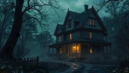 A spooky Victorian house illuminated from within on a misty night, surrounded by dark trees and mist, creating a haunting atmosphere.